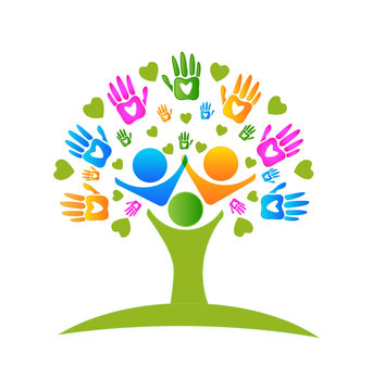 Logo tree hands and hearts figures volunteer people