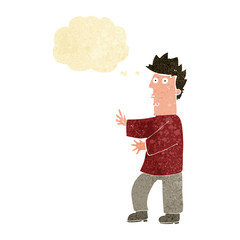 cartoon nervous man waving with thought bubble