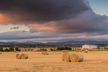 Straw bales in the field at sunset with dramatic sky