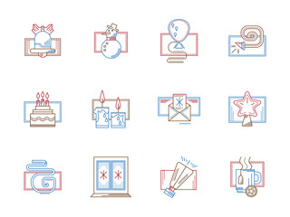 Flat color line vector icons for December holidays