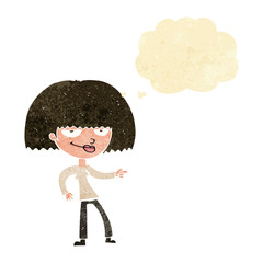 cartoon happy woman pointing with thought bubble