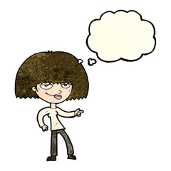 cartoon happy woman pointing with thought bubble