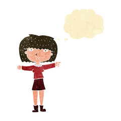 cartoon girl pointing with thought bubble