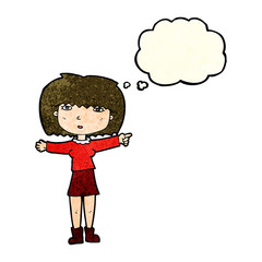 cartoon girl pointing with thought bubble