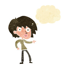 cartoon surprised woman pointing with thought bubble