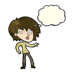 cartoon surprised woman pointing with thought bubble