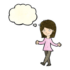 cartoon woman with no worries with thought bubble
