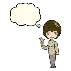 cartoon woman waving with thought bubble