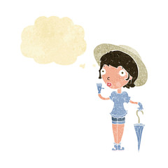 cartoon woman in summer hat waving with thought bubble