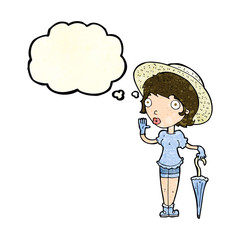 cartoon woman in summer hat waving with thought bubble