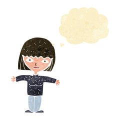 cartoon woman with open arms with thought bubble