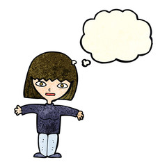 cartoon woman with open arms with thought bubble