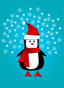 Greeting card with modern Santa penguin and winter background