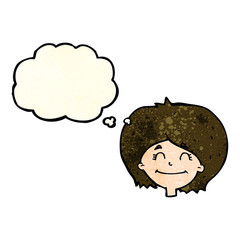 cartoon happy female face with thought bubble