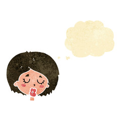 cartoon woman with eyes closed with thought bubble