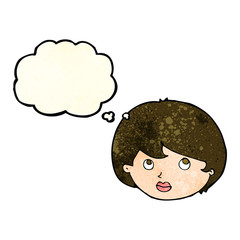 cartoon female face looking upwards with thought bubble