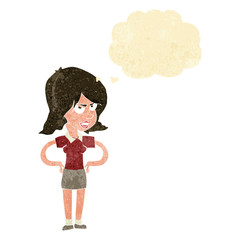 cartoon annoyed woman with hands on hips with thought bubble