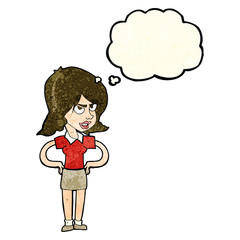 cartoon annoyed woman with hands on hips with thought bubble