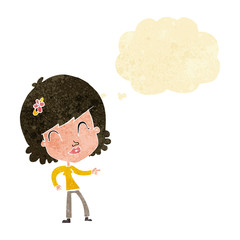 cartoon happy woman pointing with thought bubble