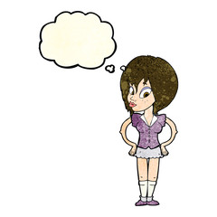 cartoon woman with hands on hips with thought bubble