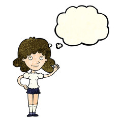 cartoon woman waving with thought bubble