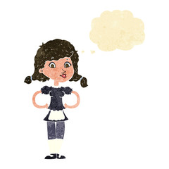 cartoon happy waitress woman with thought bubble