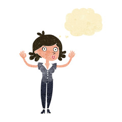 cartoon woman surrendering with thought bubble
