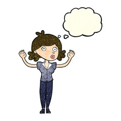cartoon woman surrendering with thought bubble