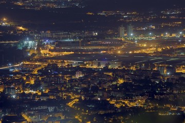 night aerial view of the European metropolis with many city ligh