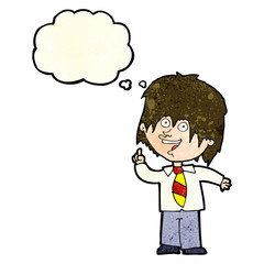 cartoon school boy with idea with thought bubble
