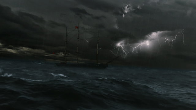 Frigate in the stormy sea.