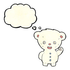 cartoon waving polar bear cub with thought bubble