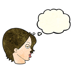 cartoon woman raising eyebrow with thought bubble