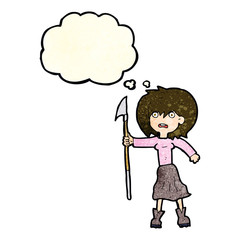 cartoon woman with harpoon with thought bubble