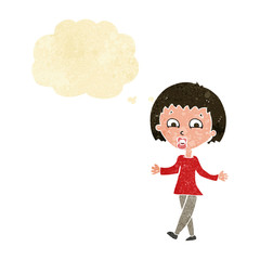 cartoon woman shrugging shoulders with thought bubble