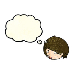 cartoon female face with raised eyebrow with thought bubble
