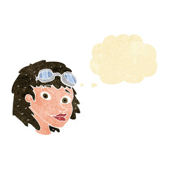 cartoon happy woman wearing aviator goggles with thought bubble