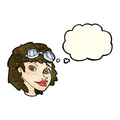 cartoon happy woman wearing aviator goggles with thought bubble