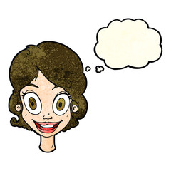 cartoon happy woman with thought bubble