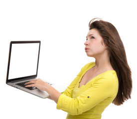 Fototapeta premium Young woman with new modern popular laptop keyboard with blank s