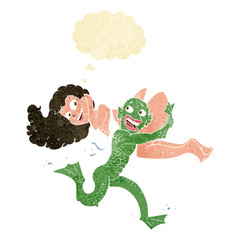 cartoon swamp monster carrying girl in bikini with thought bubbl