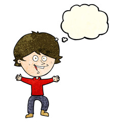 cartoon happy boy laughing with thought bubble