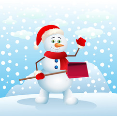 happy snowman holding snow shove