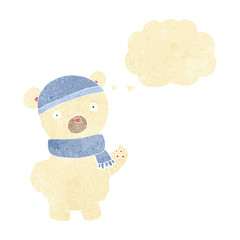 cartoon polar bear in winter hat and scarf with thought bubble