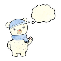 cartoon polar bear in winter hat and scarf with thought bubble