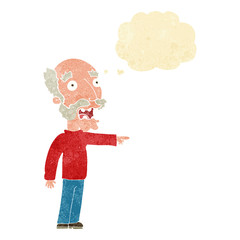 cartoon scared old man pointing with thought bubble