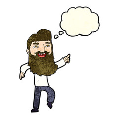 cartoon man with beard laughing and pointing with thought bubble