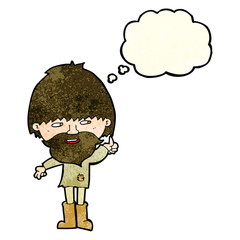 cartoon hippie man in wellington boots with thought bubble