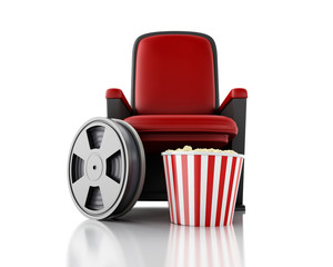 Obraz premium 3d Film reel and popcorn on theater seat.