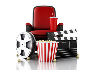 Fototapeta premium 3d Film reel, popcorn and drink on theater seat.
